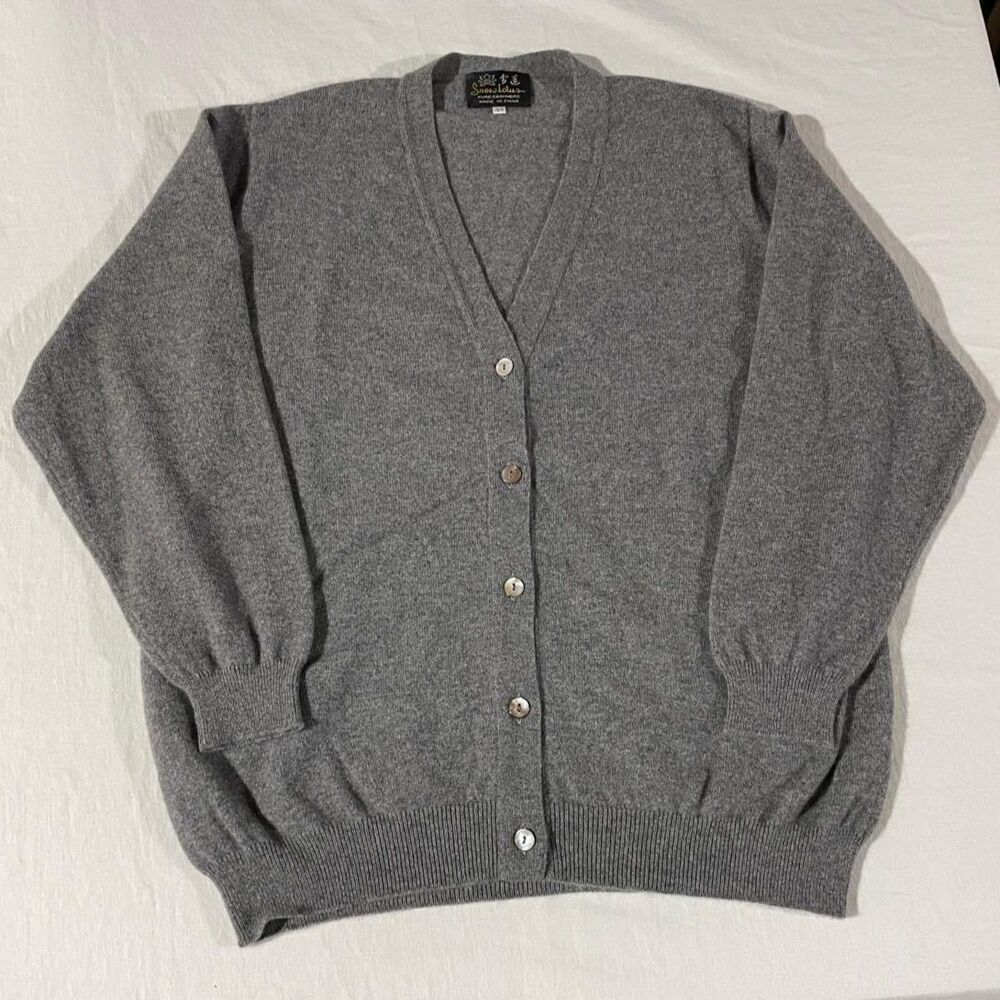 Vintage 80s 90s Snow Lotus 100% Pure Cashmere Gray V-Neck Grandpa Cardigan 48